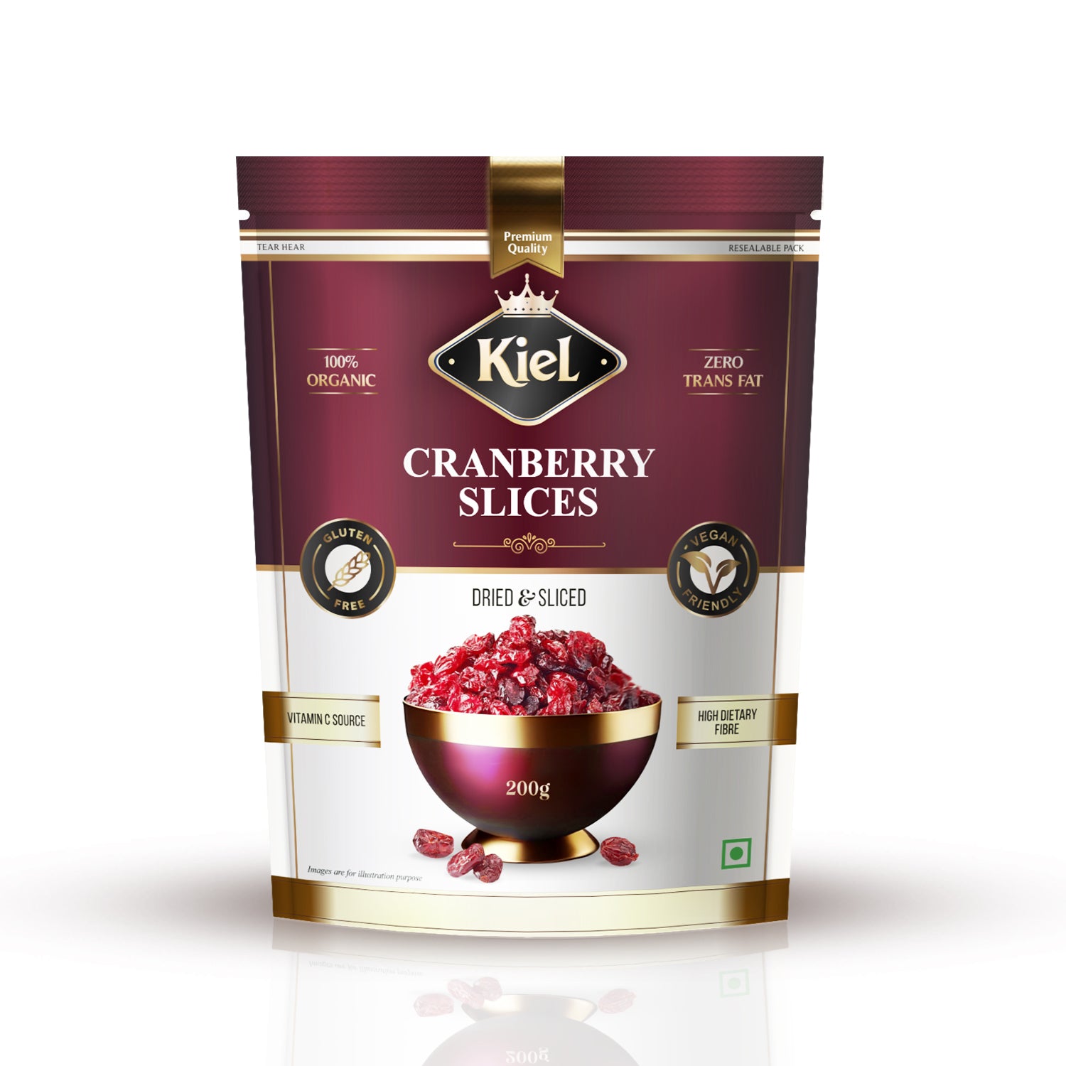 Kiel Premium Cranberries Dried & Sliced Pack of 200 Gram