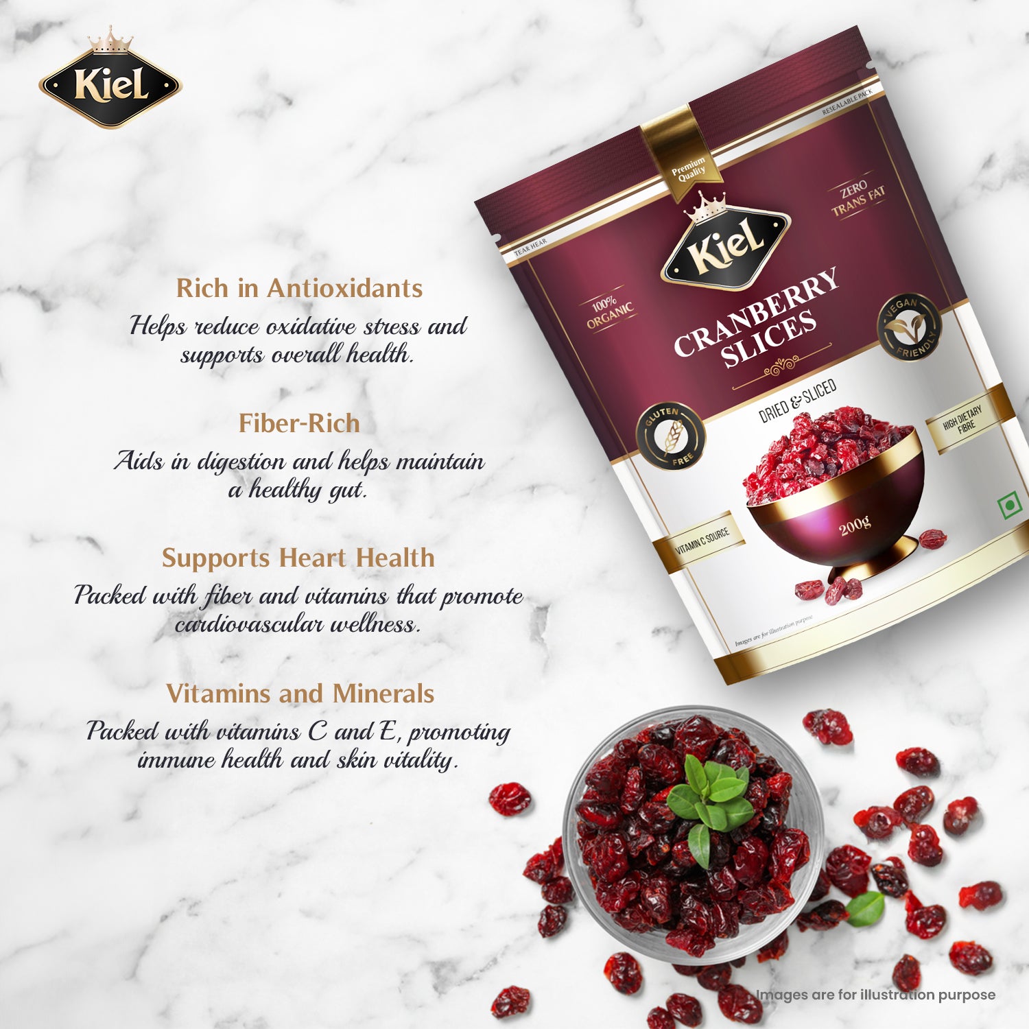 Kiel Premium Cranberries Dried & Sliced Pack of 200 Gram