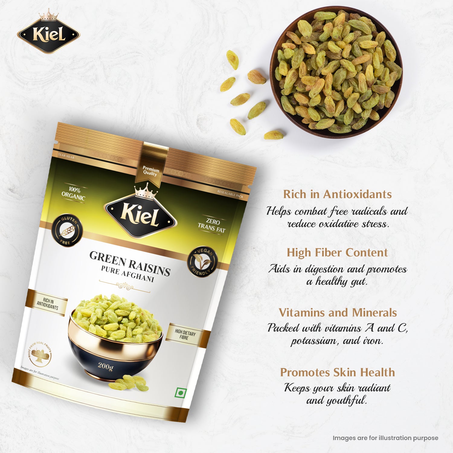 Kiel Pure Green Afghani Raisins (Seedless) Pack of 200 Gram