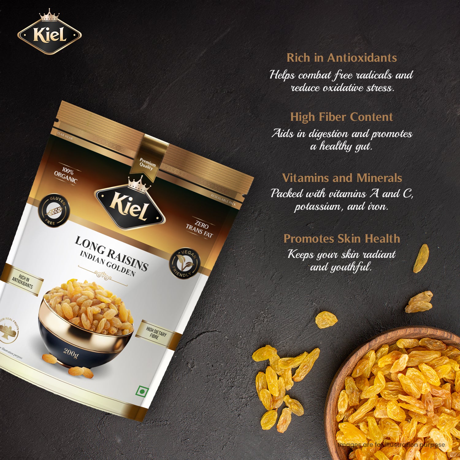 Kiel Pure Premium Long Raisins – Indian Golden Pack of 200 Gram